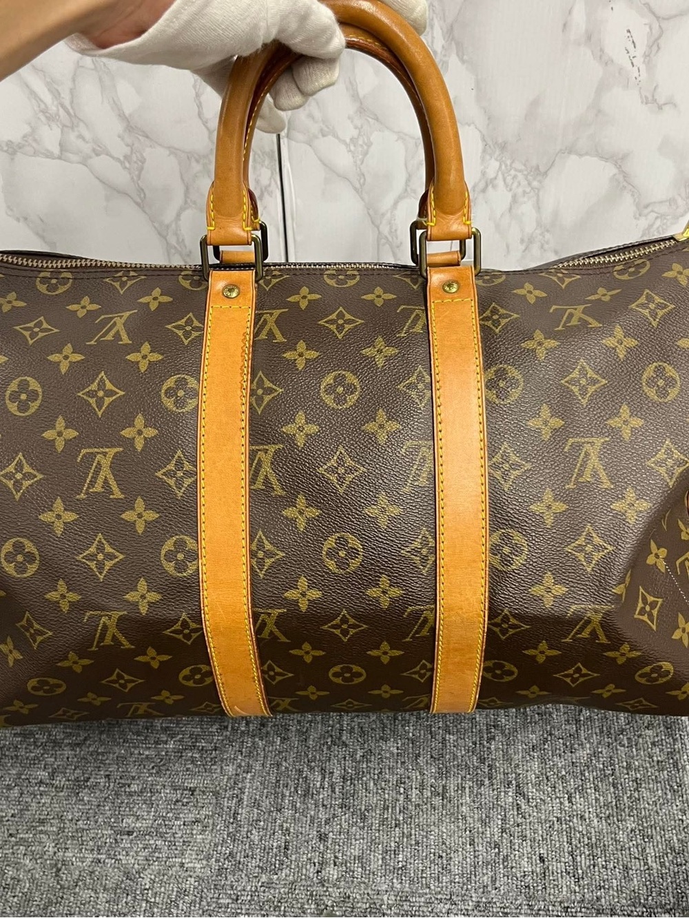 Louis Vuitton Brown Monogram Canvas Duffel with Tan Leather Handles